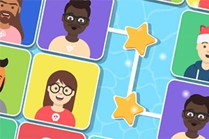 Caricaturas de diferentes personas en cuadros de colores conectados por líneas y estrellas sobre un fondo azul