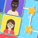 Caricaturas de diferentes personas en cuadros de colores conectados por líneas y estrellas sobre un fondo azul