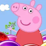 Personaje rosado con vestido rojo sonríe entre burbujas de colores bajo un cielo soleado