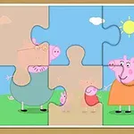 Rompecabezas de una familia caricaturizada de cerdos en un paisaje soleado