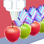 Manzanas en una cinta transportadora con un brazo robótico sobre ellas y patrones geométricos coloridos