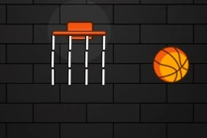 Canasta de baloncesto flotante con luces y balón naranja sobre fondo de ladrillos oscuros