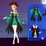 Personaje con vestido verde y negro en un entorno de selección de vestuario con temática de Halloween, acompañado de un fondo de luna llena y murciélagos
