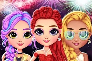 Tres personajes animados con cabello colorido y expresiones sonrientes, con fuegos artificiales de fondo
