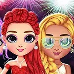 Tres personajes animados con cabello colorido y expresiones sonrientes, con fuegos artificiales de fondo