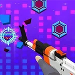 Mano sosteniendo un rifle futurista disparando a formas geométricas en un fondo de mosaicos coloridos