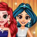 Dos personajes animados con cabello largo y brillante, uno rojo y otro azul, vestidos elegantes y accesorios brillantes, con un fondo dorado