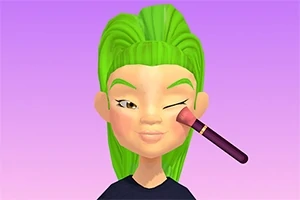 Avatar con cabello verde y piel clara aplicándose maquillaje con una brocha sobre la mejilla, en un fondo morado