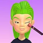 Avatar con cabello verde y piel clara aplicándose maquillaje con una brocha sobre la mejilla, en un fondo morado
