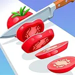 Rebanadas de tomate siendo cortadas con un cuchillo sobre una tabla de cortar