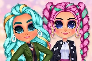 Dos personajes con cabello colorido y expresiones alegres, uno con cabello azul y verde, y otro con cabello rosa, ambos con ojos grandes y accesorios llamativos