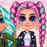 Dos personajes con cabello colorido y expresiones alegres, uno con cabello azul y verde, y otro con cabello rosa, ambos con ojos grandes y accesorios llamativos