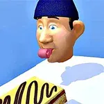 Cabeza de un personaje animado con gorra y lengua afuera mirando un pastel sobre una mesa blanca