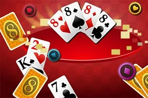 Cartas de juego con números y símbolos de diferentes palos sobre un fondo rojo con fichas de colores esparcidas