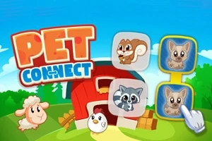Fondo de granja con un granero rojo, animales de dibujos animados y un letrero que dice Pet Connect