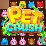 Título colorido Pet Crush con fondo de íconos de animales de colores variados