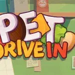 Letrero colorido que dice Pet Drive In con imágenes de comida en un fondo de restaurante de comida rápida