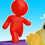 Un personaje rojo sencillo y sin detalles persigue a una gallina amarilla con una expresión de sorpresa, sobre un fondo azul claro