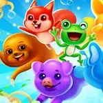 Animales caricaturizados y coloridos, incluyendo un elefante azul, un cerdo morado, una rana verde, un zorro rojo, un oso naranja y un conejo amarillo, sobre un fondo azul con rayos de luz