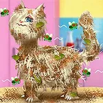 Gato sucio con hojas y moscas volando a su alrededor en una cocina colorida