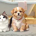 Un gato de pelaje blanco y gris junto a un cachorro marrón y blanco con collar rojo, sentados frente a una bañera en un baño