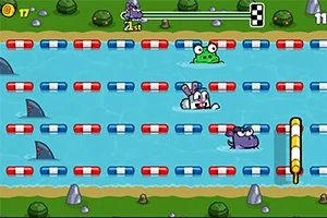 Un personaje caricaturesco parecido a un conejo cruza un río lleno de obstáculos, incluidos troncos con ojos, tiburones, y barriles flotantes de colores rojo, blanco y azul