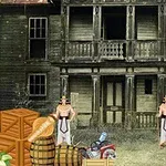 Frente a una casa antigua y deteriorada, hay dos hombres vestidos con ropas tradicionales, varias cajas y barriles, una motocicleta roja y un automóvil clásico