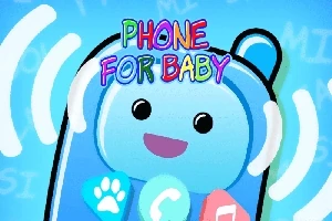 Teléfono animado azul con cara sonriente y el texto colorido Phone for Baby en la parte superior