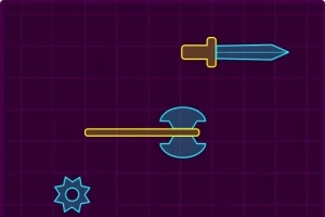 Hacha, espada y engranaje con contornos en azul y amarillo sobre un fondo morado con cuadrícula