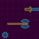 Hacha, espada y engranaje con contornos en azul y amarillo sobre un fondo morado con cuadrícula