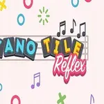 Texto Piano Tile Reflex en letras coloridas sobre un fondo decorado con notas musicales y símbolos en tonos brillantes