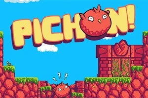 Un pájaro rojo caricaturesco con expresión sorprendida salta entre plataformas de ladrillos y césped bajo un cielo azul con nubes, junto al texto PICHON!