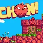 Un pájaro rojo caricaturesco con expresión sorprendida salta entre plataformas de ladrillos y césped bajo un cielo azul con nubes, junto al texto PICHON!