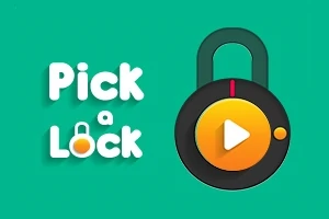 Texto Pick a Lock junto a un candado con un botón de play en un fondo verde