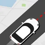 Auto blanco en una carretera recta con un círculo rojo delante, sobre un mapa de fondo