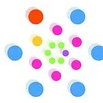 Círculos de colores brillantes dispuestos en un patrón radial sobre un fondo blanco