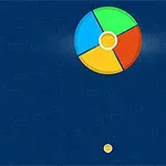 Círculo grande dividido en cuatro colores (azul, verde, rojo y amarillo) sobre un fondo azul con un pequeño punto amarillo debajo