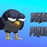 Un dibujo de una caricatura de un cuervo con expresión somnolienta y el texto PIGEONS PIGEONS sobre un fondo azul claro