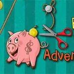 Cerdito con billete, tijeras rojas y texto colorido sobre fondo verde a rayas