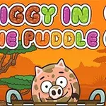 Cerdito de dibujos animados en un paisaje de sabana con árboles y letras coloridas en la parte superior