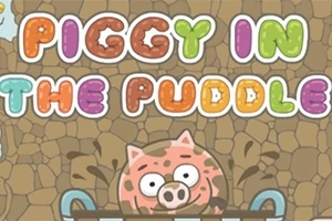 Cerdito feliz cubierto de barro con letras coloridas sobre fondo de piedras