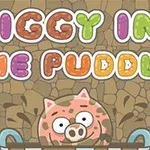 Cerdito feliz cubierto de barro con letras coloridas sobre fondo de piedras