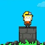 Personaje de píxeles con casco y linterna de pie sobre un bloque de piedra con hierba y cielo azul de fondo