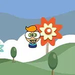 Personaje animado flotando entre colinas verdes con flores grandes y cielo azul