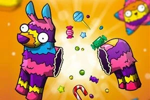 Piñata de llama colorida rota con dulces y caramelos volando en un fondo naranja brillante