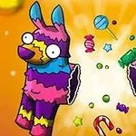 Piñata de llama colorida rota con dulces y caramelos volando en un fondo naranja brillante