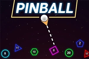 Texto brillante PINBALL con una bola blanca y figuras geométricas numeradas de colores en un fondo oscuro
