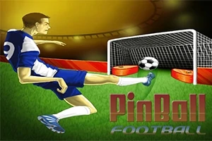Jugador de fútbol en uniforme azul y blanco intentando patear un balón hacia una portería con flippers, sobre un fondo iluminado