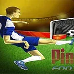 Jugador de fútbol en uniforme azul y blanco intentando patear un balón hacia una portería con flippers, sobre un fondo iluminado