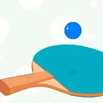 Una paleta de ping pong azul con un mango de madera y una pelota azul flotante sobre un fondo decorativo con siluetas de raquetas y pelotas